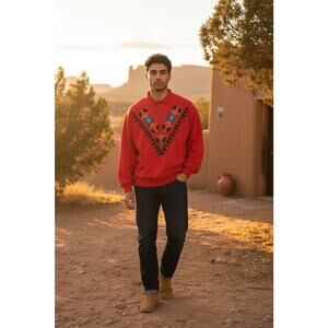 Vintage WEK Men's Red XL Red Henley Fleece Aztec Prints Long Sleeve Shirt Retro